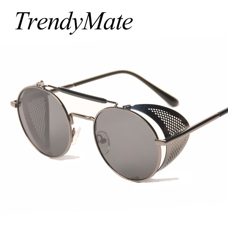 TrendyMate Retro Steampunk Sunglasses Round Designer Steam Punk Metal Shields Sunglasses Men Women UV400 Gafas de Sol 086M